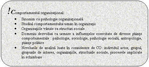 Rounded Rectangle: !Comportamentul organizational:
. Sinonim cu psihologie organizationala
. Studiul comportamentului uman n organizatii
. Organizatiile vazute ca structuri sociale
. Domeniu dezvoltat ca urmare a influentelor exercitate de diverse stiinte comportamentale : psihologie, sociologie, psihologie sociala, antropologie, stiinte politice
. Nivelurile de analiza luate n considerere de CO: individul actor, grupul, grupurile de interes, organizatiile, structurile sociale, procesele implicate n schimbare 

