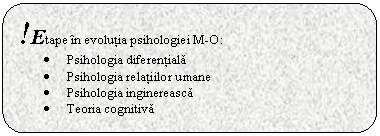 Rounded Rectangle: !Etape n evolutia psihologiei M-O:
. Psihologia diferentiala
. Psihologia relatiilor umane
. Psihologia inginereasca
. Teoria cognitiva
