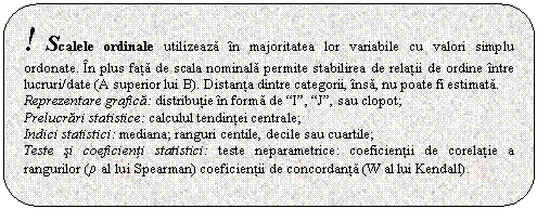 Rounded Rectangle: ! Scalele ordinale utilizeaza n majoritatea lor variabile cu valori simplu ordonate. n plus fata de scala nominala permite stabilirea de relatii de ordine ntre lucruri/date (A superior lui B). Distanta dintre categorii, nsa, nu poate fi estimata. 
Reprezentare grafica: distributie n forma de 
