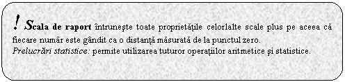 Rounded Rectangle: ! Scala de raport ntruneste toate proprietatile celorlalte scale plus pe aceea ca fiecare numar este gndit ca o distanta masurata de la punctul zero.
Prelucrari statistice: permite utilizarea tuturor operatiilor aritmetice si statistice. 



