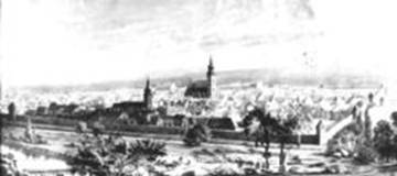 Gravura de epoca reprezentand latura nordica si cea vestica din cetatea Clujului (la intersectia Canalului Morilor cu Paraul Tiganilor)